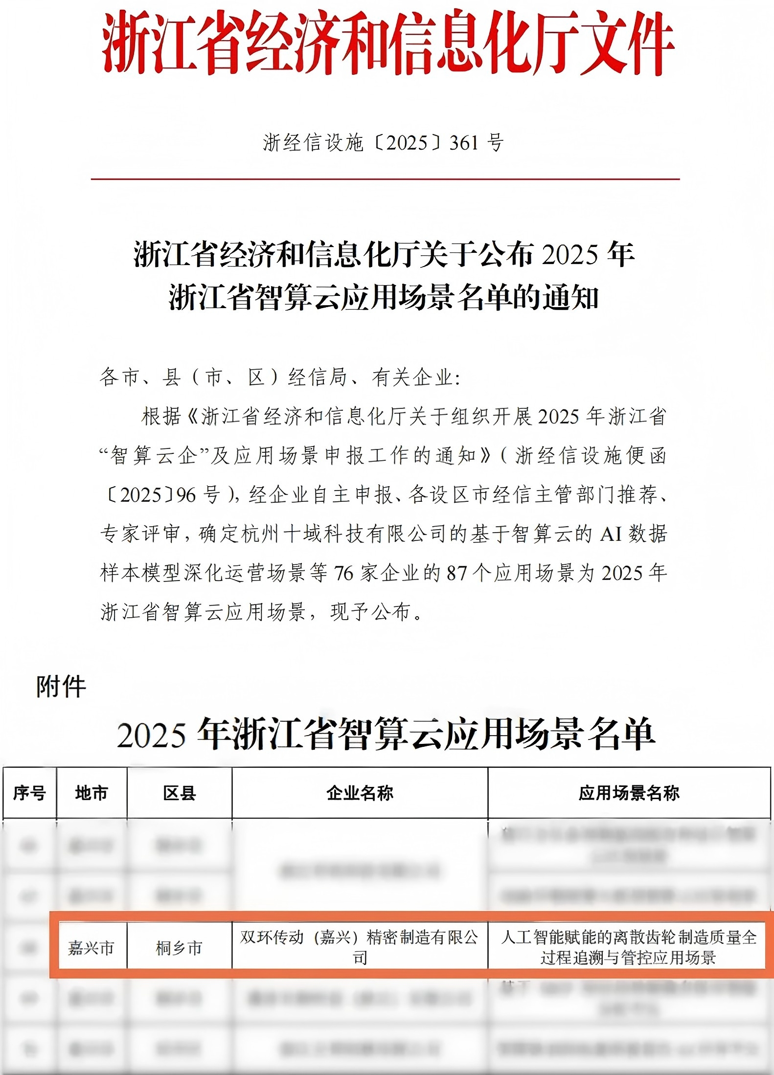 嘉兴双环入选2025年浙江省智算云应用场景名单